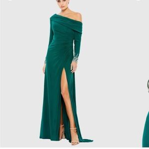 Green Beaded Cuff Drop Shoulder Faux Wrap Gown